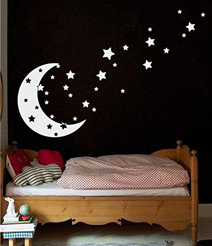 Moon and Stars Night Sky Vinyl Wall Art Decal Sticker Design for Nursery Room DIY Mural Decoration (White, 22x49 inches)