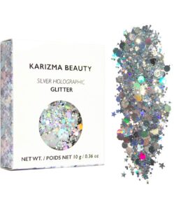 karizma holographic silver body glitter. 10g chunky face glitter, hair glitter, eye glitter and body glitter for women. rave glitter, festival accessories, cosmetic glitter makeup. loose glitter set