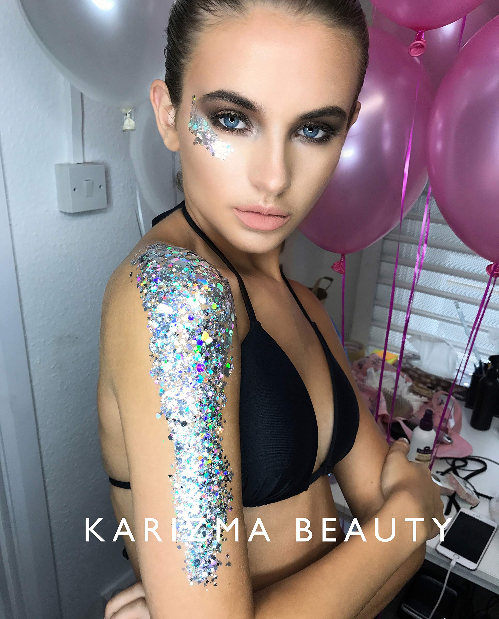 KARIZMA Holographic Silver Body Glitter. 10g Chunky Face Glitter, Hair Glitter, Eye Glitter and Body Glitter for Women. Rave Glitter, Festival Accessories, Cosmetic Glitter Makeup. Loose Glitter Set