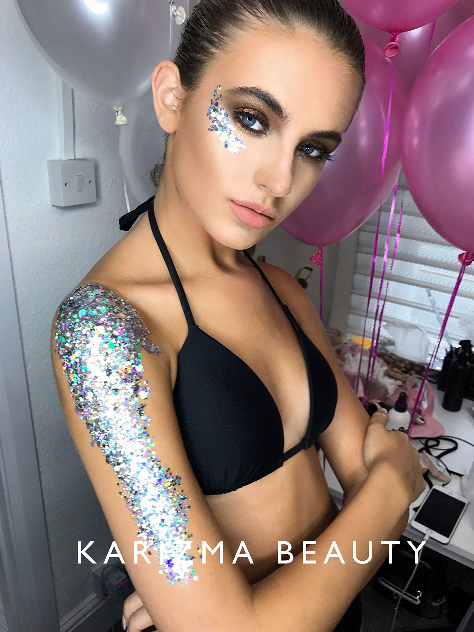 KARIZMA Holographic Silver Body Glitter. 10g Chunky Face Glitter, Hair Glitter, Eye Glitter and Body Glitter for Women. Rave Glitter, Festival Accessories, Cosmetic Glitter Makeup. Loose Glitter Set