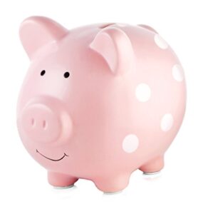 pearhead ceramic piggy bank, baby girl nursery décor, money bank for kids, baby keepsake, gift for new and expecting parents, pink polka dots