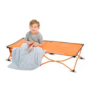 joovy foocot travel cot featuring a steel frame and tough polyester fabric, storage pocket, and easily folds into included travel bag – holds kids up to 48” tall or 75 lbs (orange)