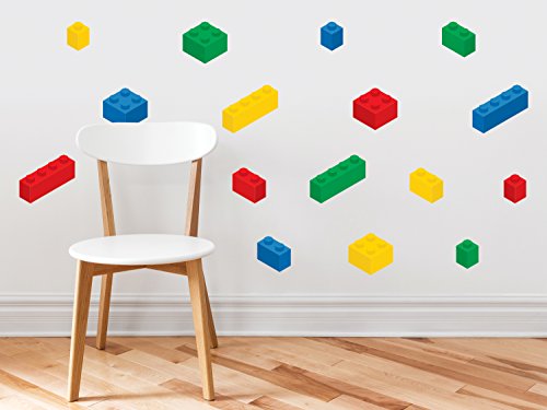 Sunny Decals Lego Inspired Building Blocks Wall Decals - Set of 16 Removable Fabric Kids Wall Stickers, Primary Colors