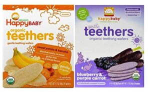 happy baby organic teethers 2 flavor bundle: (1) sweet potato & banana teething wafers, and (1) blueberry & purple carrot teething wafers, 1.7 oz
