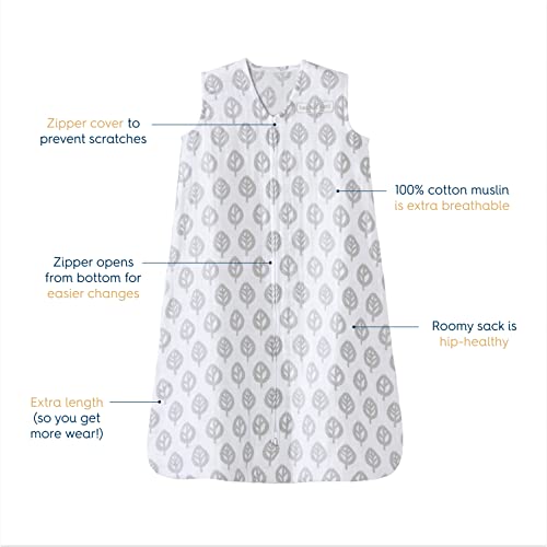 HALO Sleepsack, 100% Cotton Muslin Wearable Blanket, Swaddle Transition Sleeping Bag, TOG 0.5, Grey Tree Leaf, Large, 12-18 Months