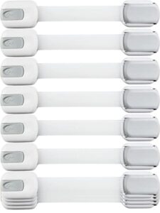 child safety strap locks (10 pack) baby locks for cabinets and drawers, toilet, fridge & more. 3m adhesive pads. easy installation, no drilling required, white/gray