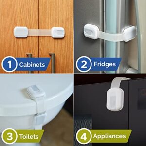 Child Safety Strap Locks (10 Pack) Baby Locks for Cabinets and Drawers, Toilet, Fridge & More. 3M Adhesive Pads. Easy Installation, No Drilling Required, White/Gray