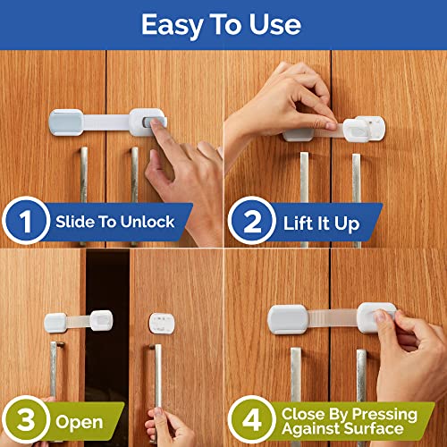 Child Safety Strap Locks (10 Pack) Baby Locks for Cabinets and Drawers, Toilet, Fridge & More. 3M Adhesive Pads. Easy Installation, No Drilling Required, White/Gray