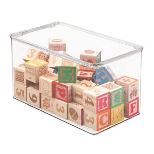 mdesign plastic stackable toy storage bin container box, hinge lid for organizing living room, play room, bedroom, nursery, hold blocks, puzzles, books, lumiere collection, clear