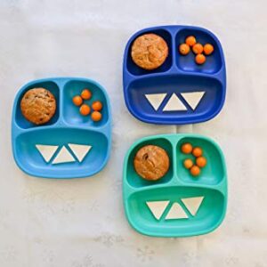 Re Play 7" Divided Toddler 3 Pack Plates with Deep Sides and Three Compartments for Easy Self Feeding | BPA Free | Dishwasher Safe | A True Blue