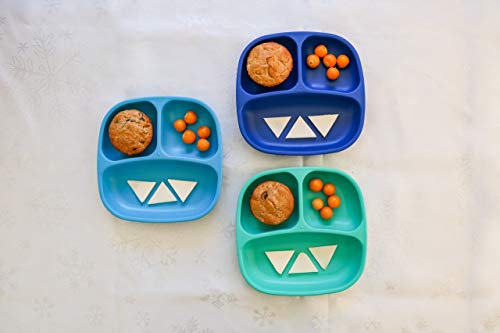 Re Play 7" Divided Toddler 3 Pack Plates with Deep Sides and Three Compartments for Easy Self Feeding | BPA Free | Dishwasher Safe | A True Blue