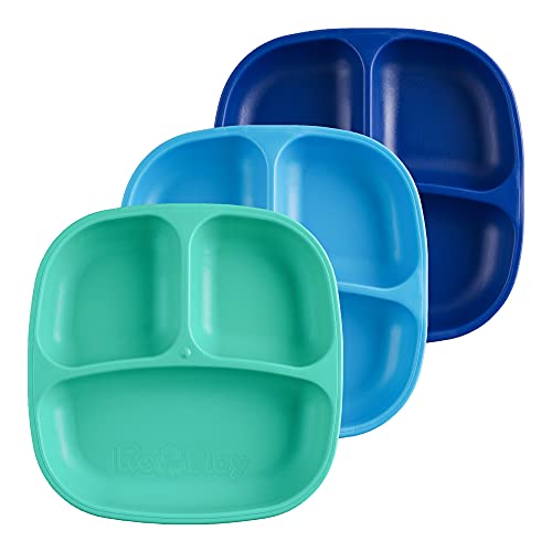 Re Play 7" Divided Toddler 3 Pack Plates with Deep Sides and Three Compartments for Easy Self Feeding | BPA Free | Dishwasher Safe | A True Blue