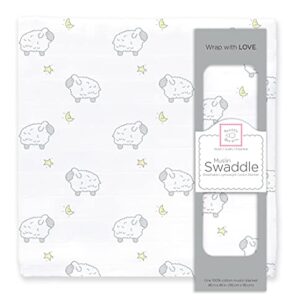 SwaddleDesigns Cotton Muslin Swaddle Blanket, Receiving Blanket for Boys & Girls, Best Shower Gift, 46x46 inches, Little Lambs, Sterling