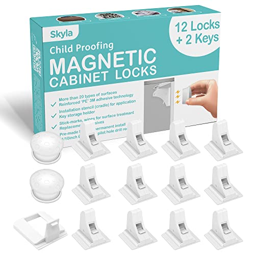 Magnetic Cabinet Locks (12-Pack 2 Keys) Baby Proofing & Child Safety by Skyla Homes - The Safest, Quickest and Easiest Multi-Purpose 3M Adhesive Child Proof Latches, No Screws or Tools Needed