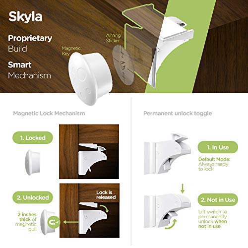 Magnetic Cabinet Locks (12-Pack 2 Keys) Baby Proofing & Child Safety by Skyla Homes - The Safest, Quickest and Easiest Multi-Purpose 3M Adhesive Child Proof Latches, No Screws or Tools Needed