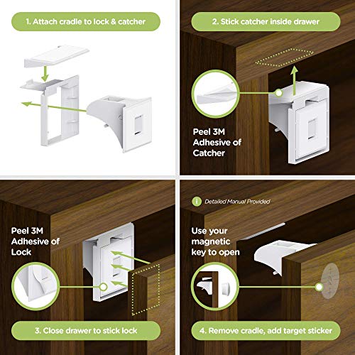 Magnetic Cabinet Locks (12-Pack 2 Keys) Baby Proofing & Child Safety by Skyla Homes - The Safest, Quickest and Easiest Multi-Purpose 3M Adhesive Child Proof Latches, No Screws or Tools Needed