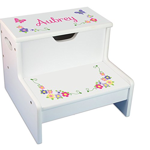 Personalized Bright Butterflies Garland White Childrens Step Stool with Storage