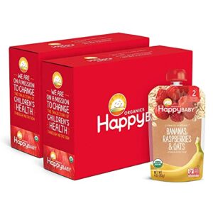 happy baby organics clearly crafted stage 2 baby food, bananas, raspberries & oats, 4 ounce pouch (pack of 16) packaging may vary