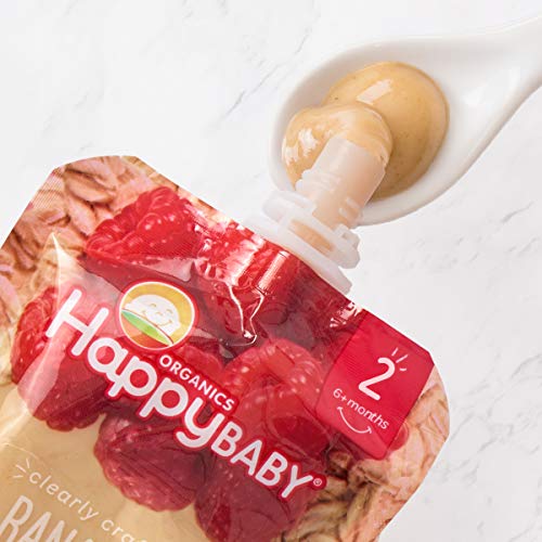 Happy Baby Organics Clearly Crafted Stage 2 Baby Food, Bananas, Raspberries & Oats, 4 Ounce Pouch (Pack of 16) packaging may vary