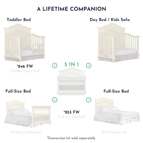 Evolur Aurora 5-In-1 Convertible Crib In Ivory Lace, Greenguard Gold Certified, Features 3 Mattress Height Settings, Sturdy And Spacious Baby Crib, Wooden Furniture