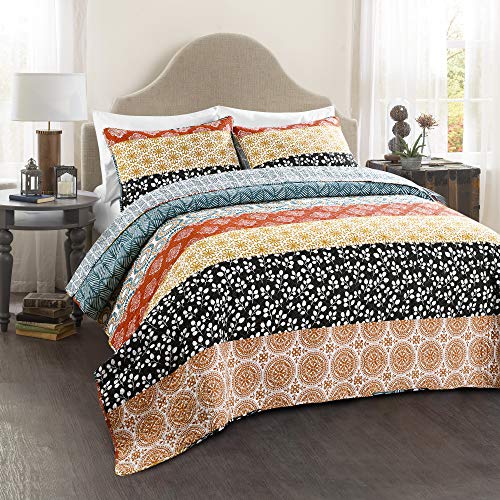 Lush Decor Bohemian Striped Quilt Reversible 3 Piece Colorful Boho Design Bedding Set, King, Turquoise