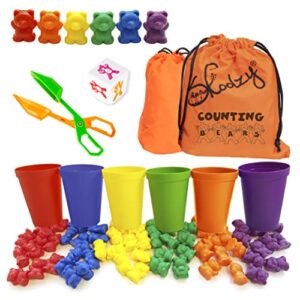 skoolzy rainbow counting bears with matching sorting cups 68 piece set - toddler learning toys number sorting counting color recognition for kids age 3+ includes montessori tongs 2 skoolzy bags ebook