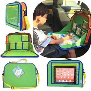 kids backseat travel tray organizer holds crayons markers an ipad kindle or other tablet. great for road trips and travel used as a lap tray writing surface or as access to electronics for kids age 3+