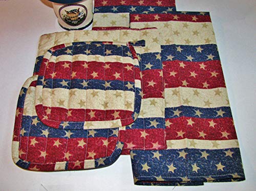 Stars & Stripes Patriotic Kitchen Linens Set (5 Pieces Total) 2 Tea Towels 2 Pot Holders 1 Hotpad Made In USA Patriotic Red Off-White Blue Stars Glitter 100% Cotton Custom Made-To-Order