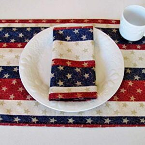 Stars & Stripes Patriotic Kitchen Linens Set (5 Pieces Total) 2 Tea Towels 2 Pot Holders 1 Hotpad Made In USA Patriotic Red Off-White Blue Stars Glitter 100% Cotton Custom Made-To-Order