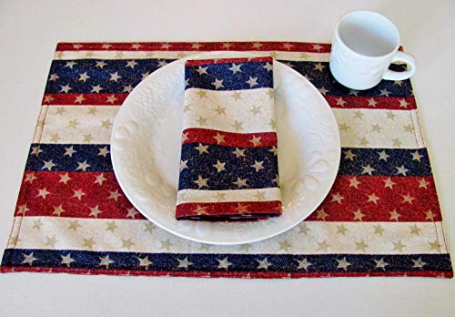 Stars & Stripes Patriotic Kitchen Linens Set (5 Pieces Total) 2 Tea Towels 2 Pot Holders 1 Hotpad Made In USA Patriotic Red Off-White Blue Stars Glitter 100% Cotton Custom Made-To-Order