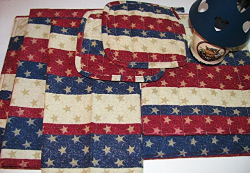 Stars & Stripes Patriotic Kitchen Linens Set (5 Pieces Total) 2 Tea Towels 2 Pot Holders 1 Hotpad Made In USA Patriotic Red Off-White Blue Stars Glitter 100% Cotton Custom Made-To-Order