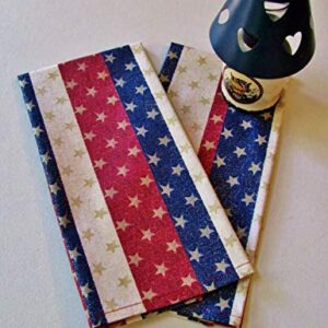 Stars & Stripes Patriotic Kitchen Linens Set (5 Pieces Total) 2 Tea Towels 2 Pot Holders 1 Hotpad Made In USA Patriotic Red Off-White Blue Stars Glitter 100% Cotton Custom Made-To-Order