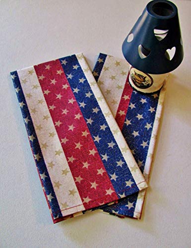 Stars & Stripes Patriotic Kitchen Linens Set (5 Pieces Total) 2 Tea Towels 2 Pot Holders 1 Hotpad Made In USA Patriotic Red Off-White Blue Stars Glitter 100% Cotton Custom Made-To-Order