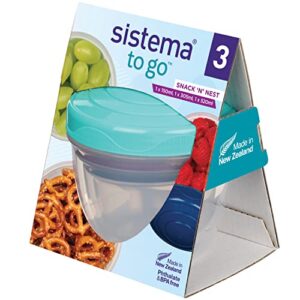 sistema to go collection snack 'n' nest food storage container, color received may vary, set of 3, 150 ml, 305 ml, 520 ml