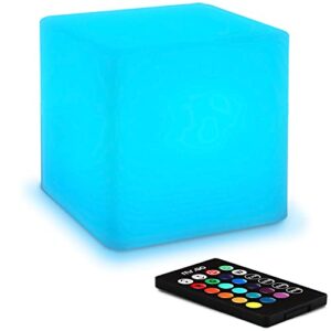 mr.go 4-inch dimmable led night light mood lamp for kids and adults - 16 rgb colors - 8 level dimming - 4 lighting effect - rechargeable - remote control - decorative, fun & safe - white finish cube