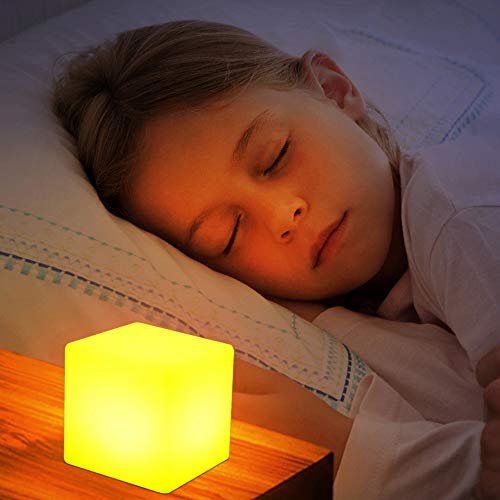 Mr.Go 4-inch Dimmable LED Night Light Mood Lamp for Kids and Adults - 16 RGB Colors - 8 Level Dimming - 4 Lighting Effect - Rechargeable - Remote Control - Decorative, Fun & Safe - White Finish Cube