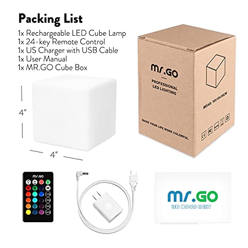 Mr.Go 4-inch Dimmable LED Night Light Mood Lamp for Kids and Adults - 16 RGB Colors - 8 Level Dimming - 4 Lighting Effect - Rechargeable - Remote Control - Decorative, Fun & Safe - White Finish Cube