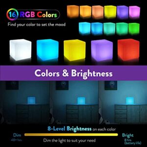 Mr.Go 4-inch Dimmable LED Night Light Mood Lamp for Kids and Adults - 16 RGB Colors - 8 Level Dimming - 4 Lighting Effect - Rechargeable - Remote Control - Decorative, Fun & Safe - White Finish Cube