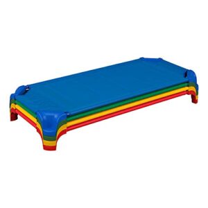 sprogs deluxe heavy-duty childrens standard 52"l stackable daycare cot with easy lift corners cots for preschool kids sleeping, resting, and naptime, spg-16138-as, blue, green, red, yellow (pack of 4)