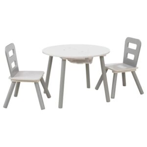 kidkraft wooden round table & 2 chair set with center mesh storage, kids furniture, gray & white, gift for ages 3-6