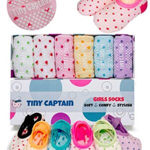 Tiny Captain Baby Toddler Girls Grip Socks 0-12, 1-3, 3-5 Year Old Anti Slip w/Strap Socks Girl 0-5 Yr Old Gift (as1, age, 1_year, 3_years, Rainbow - 6 Pairs)