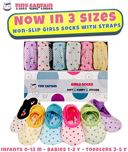 Tiny Captain Baby Toddler Girls Grip Socks 0-12, 1-3, 3-5 Year Old Anti Slip w/Strap Socks Girl 0-5 Yr Old Gift (as1, age, 1_year, 3_years, Rainbow - 6 Pairs)