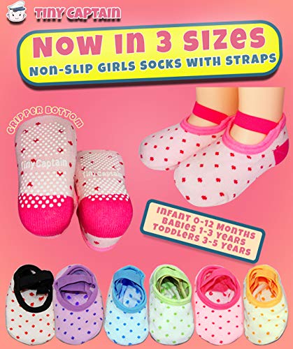 Tiny Captain Baby Toddler Girls Grip Socks 0-12, 1-3, 3-5 Year Old Anti Slip w/Strap Socks Girl 0-5 Yr Old Gift (as1, age, 1_year, 3_years, Rainbow - 6 Pairs)