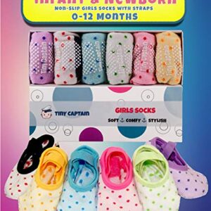 Tiny Captain Baby Toddler Girls Grip Socks 0-12, 1-3, 3-5 Year Old Anti Slip w/Strap Socks Girl 0-5 Yr Old Gift (as1, age, 1_year, 3_years, Rainbow - 6 Pairs)