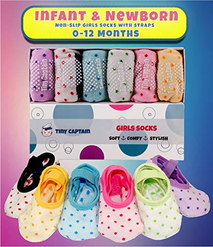 Tiny Captain Baby Toddler Girls Grip Socks 0-12, 1-3, 3-5 Year Old Anti Slip w/Strap Socks Girl 0-5 Yr Old Gift (as1, age, 1_year, 3_years, Rainbow - 6 Pairs)