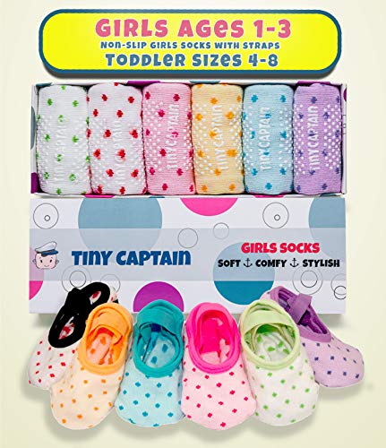 Tiny Captain Baby Toddler Girls Grip Socks 0-12, 1-3, 3-5 Year Old Anti Slip w/Strap Socks Girl 0-5 Yr Old Gift (as1, age, 1_year, 3_years, Rainbow - 6 Pairs)