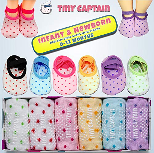 Tiny Captain Baby Toddler Girls Grip Socks 0-12, 1-3, 3-5 Year Old Anti Slip w/Strap Socks Girl 0-5 Yr Old Gift (as1, age, 1_year, 3_years, Rainbow - 6 Pairs)