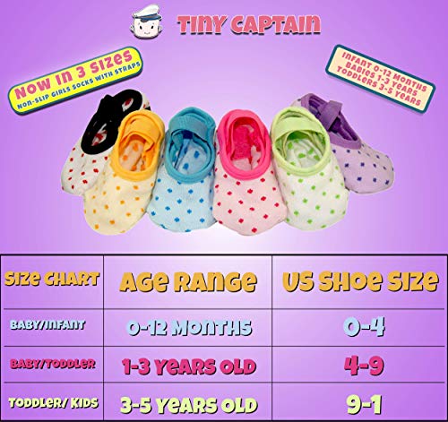 Tiny Captain Baby Toddler Girls Grip Socks 0-12, 1-3, 3-5 Year Old Anti Slip w/Strap Socks Girl 0-5 Yr Old Gift (as1, age, 1_year, 3_years, Rainbow - 6 Pairs)