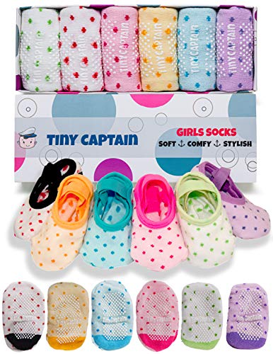 Tiny Captain Baby Toddler Girls Grip Socks 0-12, 1-3, 3-5 Year Old Anti Slip w/Strap Socks Girl 0-5 Yr Old Gift (as1, age, 1_year, 3_years, Rainbow - 6 Pairs)