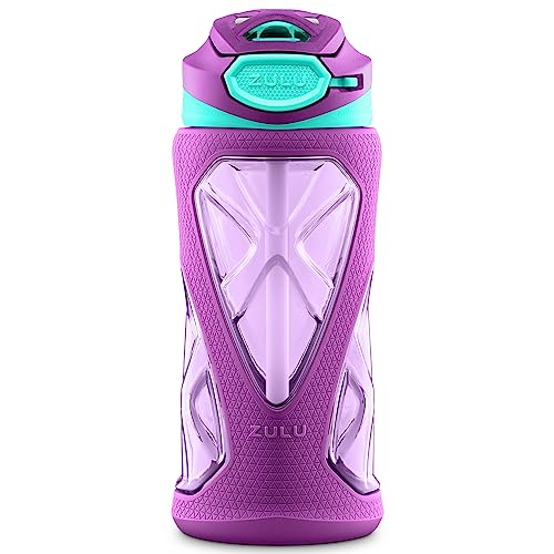 Zulu Torque 16oz Plastic Kids Water Bottle with Silicone Sleeve and Leak-Proof Locking Flip Lid and Soft Touch Carry Loop for School Backpack, Lunchbox, Outdoor Sports, Dishwasher Safe, Purple